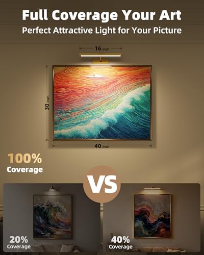 EZVALO Picture Light for Wall, 4800mAh Rechargeable Wireless Remote, 16‘’ Dimmable Magnetic LED Art Display Light with