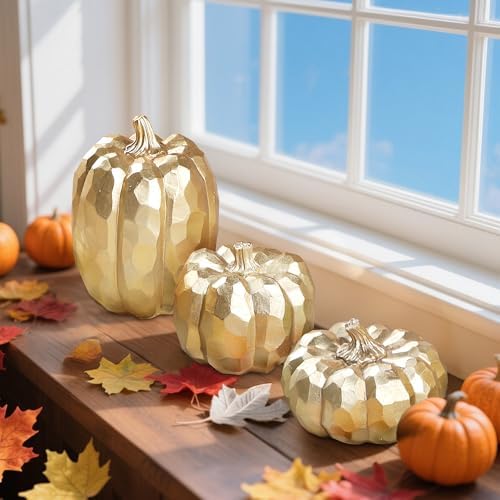 winemana 3 Pack Gold Fall Pumpkin Decor Fall Table Centerpieces for Home