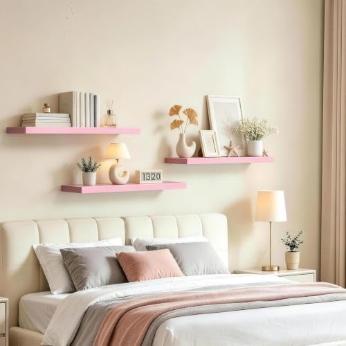 BAYKA Pink Floating Shelves 22.5in, Set of 3, Wall Mounted for Wall Decor