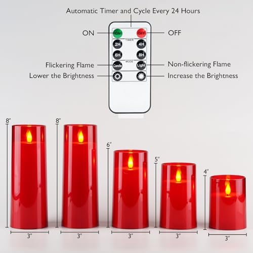 Homemory Christmas Red Flickering Flameless Candles, Battery Operated Acrylic LED Pillar Candles with Remote Control and Timer, Set of 5