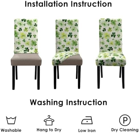 St Patricks Day Chair Covers Set of 4, Green Four Leaf Clover Dining Chair Covers, Elastic Removable Washable Dining Chair Covers for St. Patricks Day Kitchen Dining Room Holiday Party Decor