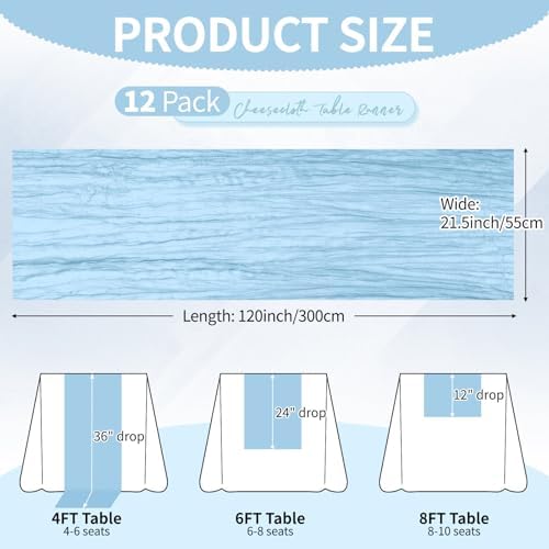12 Pack Baby Blue Cheesecloth Table Runner 10Ft, Gauze Table Runners 21.5 x 120 inch,Semi Sheer Cheese Cloth Fabric Runner Bulk for Wedding,Party,Baby Shower,Bridal Shower