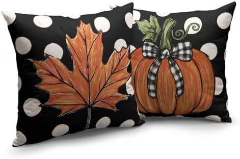 Fall Pillow Covers 22x22 Set of 2 Pumpkin Maple Leaves Polka Dot Throw Pillow Cases Autumn Thanksgiving Buffalo Plaid Bow Outdoor Decorative Farmhouse Harvest Cushion Case for Couch Sofa