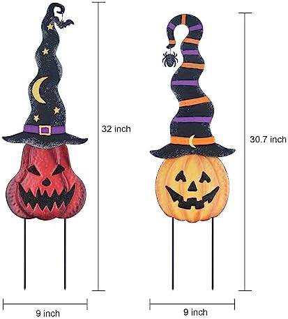 YEAHOME Halloween Decorations Outdoor, 2 Pack Metal Pumpkin Garden Stakes with Witch Hats for Halloween Decor, Jack o' Lantern Pumpkin Yard Signs for Outside Garden Lawn Patio Party Decorations