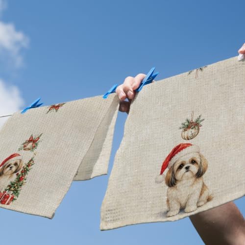 Shih Tzu Christmas Tree Kitchen Dish Towels 16x24, Set of 2