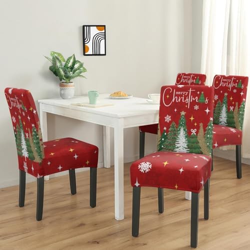 Christmas Chair Covers Set of 4,Xmas Tree Dining Chair Slipcovers,Elastic Removable Washable Dining Parsons Chair Protectors,Christmas Decor for Home Red