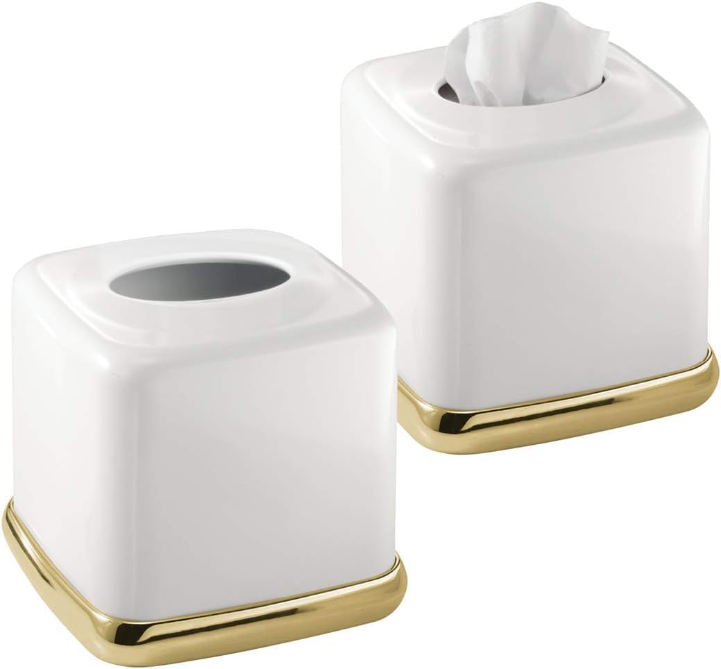 York Decorative Steel Tissue Box Cover / Soft Brass and White / 5.5 x 5.5 x 5.5