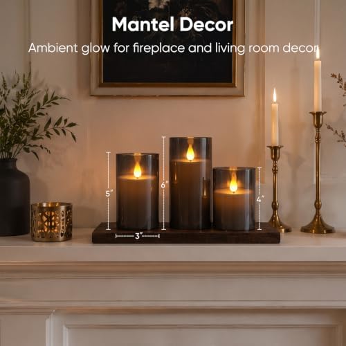 Homemory Gray Flameless Candles, Battery Operated Acrylic LED Pillar Candles with Remote Timer, Realistic Flickering Fake Candles for Home Decor, Wedding, Party, Halloween Decorations, Set of 3
