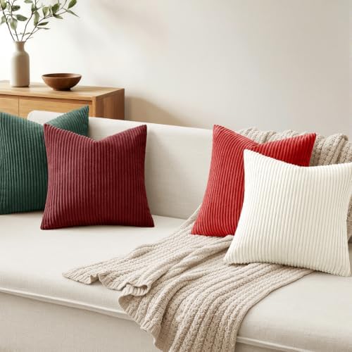 MIULEE Corduroy Decorative Throw Pillow Covers Christmas Red White 18x18