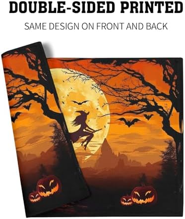 Halloween Placemats Set of 4 18x12 Inch Spooky Witch Bat Castle Pumpkin Linen Place Mats Heat-Resistant Washable Wipeable Fall Holiday Table Mats for Party Kitchen Dining Room Dinner Table Decor