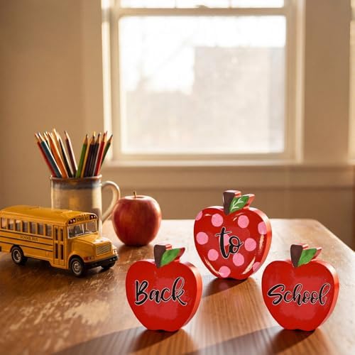 Smile Back to School Wooden Tabletop Decor - Red Apple "Back to School" Desktop Signs - Classroom & Home Office Decorations Gift