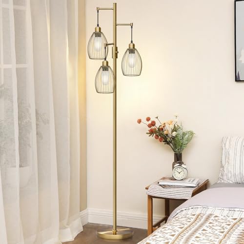Dimmable Floor Lamp, 3 x 800LM LED Edison Bulbs Included, Farmhouse Industrial Floor Lamp Standing Tree Lamp with