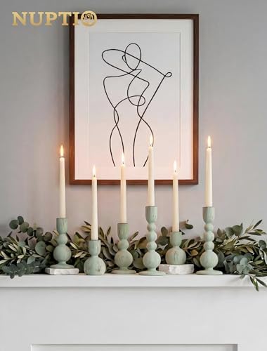 NUPTIO Wooden Taper Candle Holders, Set of 3 Sage Green Candlesticks