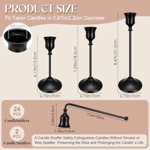 24PCS Brass Black Taper Candle Holders Set, Vintage Candlestick Holders