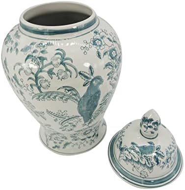 Galt International Dark Teal Parrot Floral Chinoiserie Ceramic Temple Jar 18" w/Lid - Ginger Jar Home & Kitchen Decor