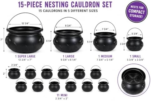 Fun Express Black Plastic Halloween Cauldron Set, Witch Buckets, 15pc