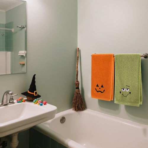 Whaline 4Pcs Halloween Hand Towels Spooky Pumpkin Face Monster Embroidered Cotton Bathroom Towel Absorbent Bath Towel for Hand Drying Cleaning Cooking, 29.5 x 13.7 Inch