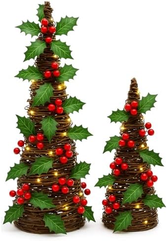 Qinyoung 2 Pcs Lighted Christmas Cone Tree Rattan Table Decoration 12'' 10'' Xmas Artificial Rattan Red Berries Green Leaves Table Centerpiece Cone Tree 2 Various Sizes for Winter Party Village Decor