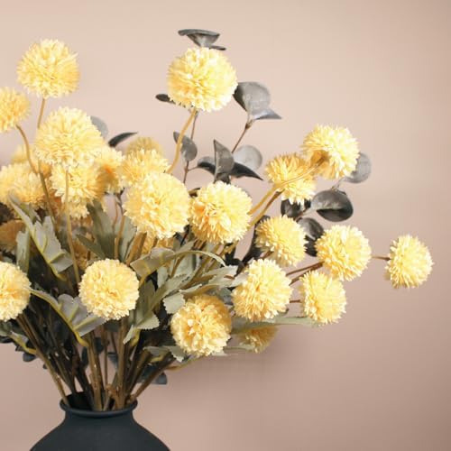 Yellow Flowers Artificial 10 Long Stems Kiku Flower With Eucalyptus