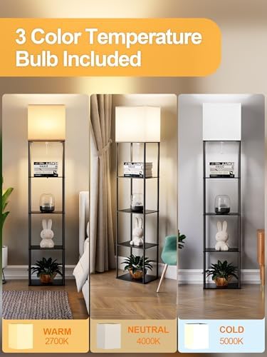 Large Floor Lamp with Shelves, 5-Tier Tall Floor lamp with for Living Room, Shelf Floor Lamp with 3 CCT LED Bulb