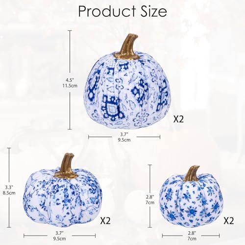 GnFlus Fake Pumpkin Decor 6 Pcs Faux Pumpkins Small Blue and White Velvet Pumpkins Mini Artificial Pumpkin Fall Decorations for Home Table Farmhouse Mantel Halloween Thanksgiving