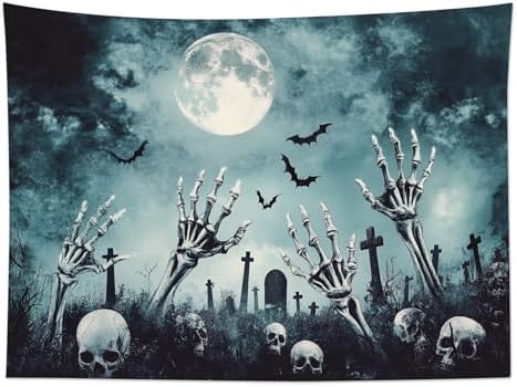 HVEST Black Halloween Tapestry Wall Hanging Scary Skeleton and Horror Tombstone in Cemetery Wall Art Spooky Bat and Misty Full Moon Tapestry for Bedroom Living Room Dorm Wall Decor, 40L X 60W inches