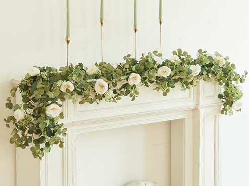 PARTY JOY 6.56ft Eucalyptus Garland with Flowers-8 White Roses, Artificial Fake Flowers Greenery Garland Floral Vines for Decoration Party Wedding Table Indoor Outdoor Backdrop Wall Decor(White)
