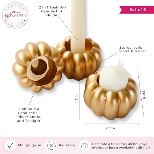 Kate Aspen 2-in-1 Gold Pumpkin Candle Holder Set – Fall Taper, Tealight & Votive Candle Holders – Thanksgiving Table Decor, Pumpkin Centerpieces, Halloween Candlestick Holder (Set of 6)