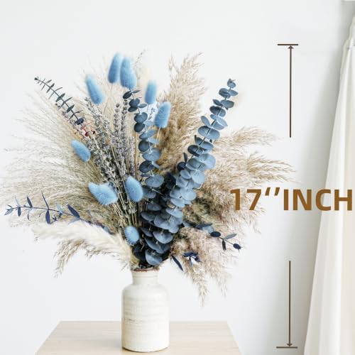 Dusty Blue Dried Flower Bouquet with Pampas Grass, Bunny Tails, Lavender and Eucalyptus, Beige Boho Floral Arrangement