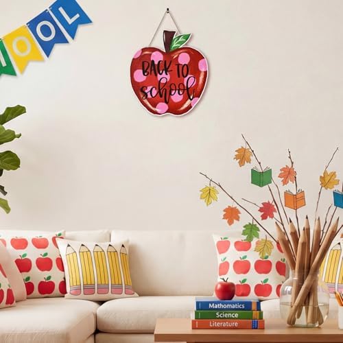 Smile Back to School Red Polka Dot Apple Wooden Door Sign Wall Decor for Classroom, Home, School Entrance - Back to School Gift for Teachers, Students