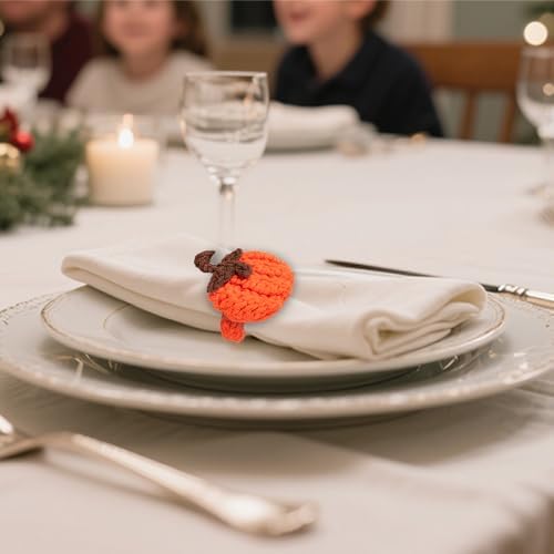 Set of 4 Pumpkin Napkin Rings, Fall Napkin Rings Thanksgiving Halloween Napkin Ring Holder, Handcrafted Crochet Napkin Holders for Thanksgiving Dinner Table Décor (4, Orange)