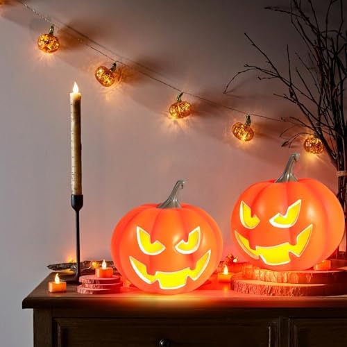 Rocinha 2 Pack Plastic Jack O Lantern Pumpkins Halloween Light up Pumpkin Outdoor Indoor Battery Operated Lighted Pumpkin with Spooky Face Halloween Pumpkins Decorations Party Favor Gifts