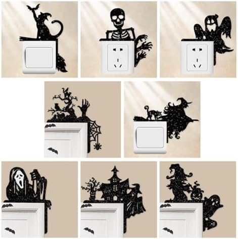 Removable 8 Pack Creative Halloween Switch Decal - Black Ghost Skeleton Witch Door Frame Wall Decorative Art Murals for Living Room Bedroom Bathroom Kitchen Light Switch Decor
