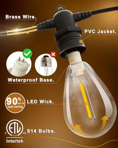 60FT LED Outdoor String Lights with 16+1 Edison Shatterproof Waterproof Bulbs, 2700K Commercial Grade Patio Lights