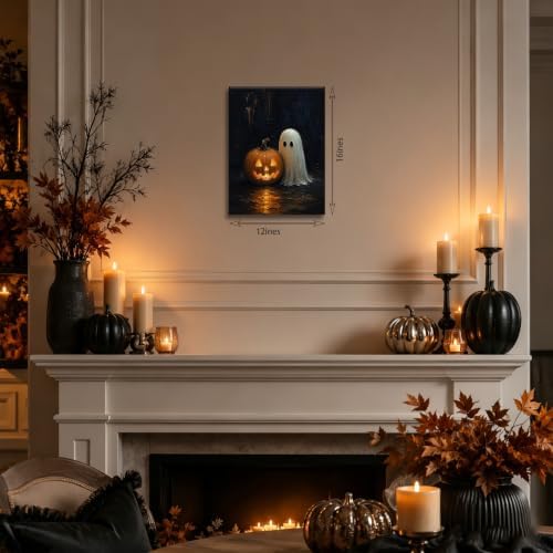 ILLBDR Halloween Ghost with Glowing Pumpkin Canvas Wall Art 12x16 inch