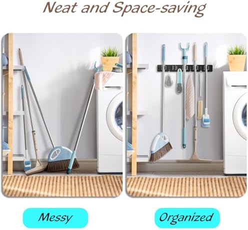 OUTNILI Mop and Broom Holder Wall Mount - Black Broom Mop Hanger - Wall Mounted Garden Tool Rack Organizer for Closet