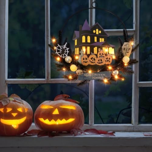Pre-Lit Halloween Wreath for Front Door, Lighted Pumpkin with 6H On/18H Off