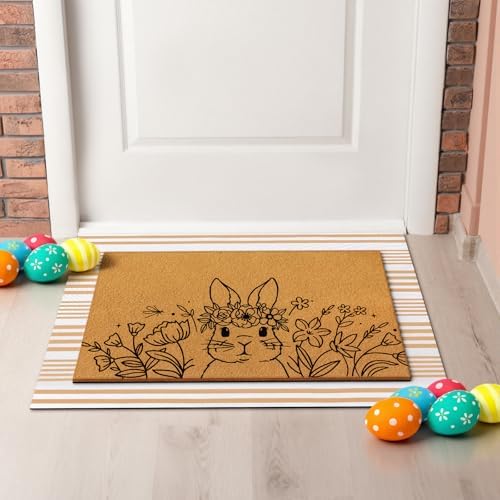 Tinideya 2 Pcs Easter Floral Bunny Layered Door Mat Set