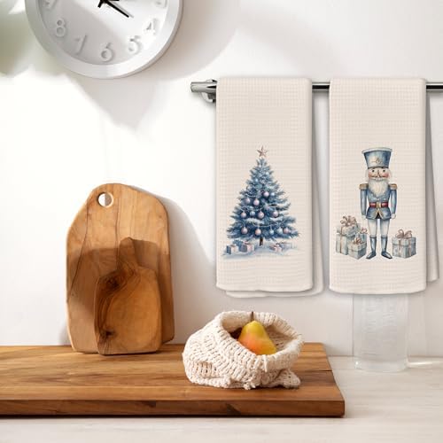 Chinoiserie Christmas Kitchen Towels Decor Set of 2 - Blue Christmas Tree Holiday Hand Tea Towels, Retro Grandmillenial Xmas Gifts Dish Towel Dishcloths Decorations for Home Kitchen, 16"x24"