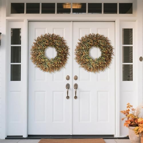 26''Large Artificial Fall Boxwood Wreath for Front Door Decor(Orange-Green)