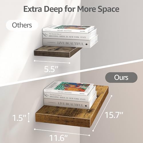 QEEIG 12" Deep Floating Projector Shelves Under TV Shelf (Brown, Set of 3)