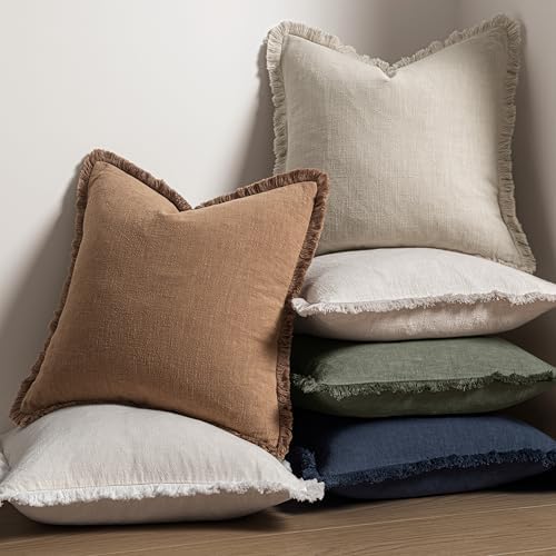 MIULEE Boho Linen Fringe Decorative Fall Throw Pillow Covers Brown 16x16