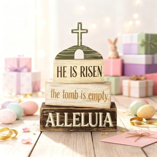 Easter Decorations - He Is Risen Tomb Cross Tiered Tray Decor - Religious Easter Wooden Tabletop Sign - Faith Farmhouse Easter Home Decor Indoor - Spring Home Decor for Living Room, Kitchen Counter, Seasonal Farmhouse Display