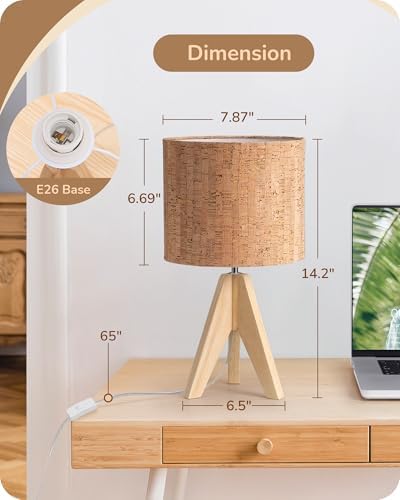 EDISHINE Small Table Lamp, Wood Tripod Nightstand Lamp, Bark Linen Shade