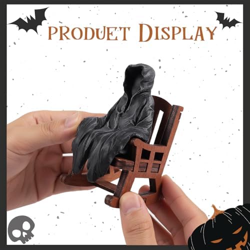 Grim Reaper Statue on Rocking Chair, Cute Miniature The Suriel Decor for Bookshelf, Spooky Goth Decor Home Shelf Sitter Figurine, Funny Resin Knick Knacks for Desk & Office (Black)