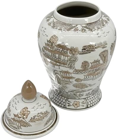 Galt International Brown & White Floral Chinoiserie Ceramic Temple Jar 18" w/Lid - Ginger Jar Home & Kitchen Decor for
