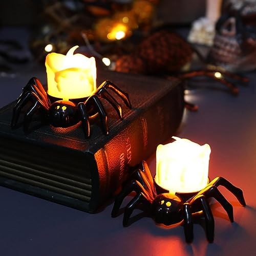 YBB 12 Pcs Halloween Spider Tea Lights, Novelty LED Flameless Spider Candle Holder Battery Operated Orange Tea Lamps for Halloween Party Table Home Spooky Decor
