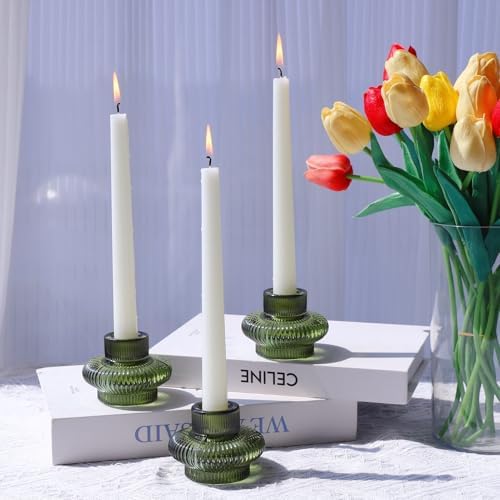 VOHO Green Taper Candle Holders Set of 6, Ribbed Glass Candlestick Holders