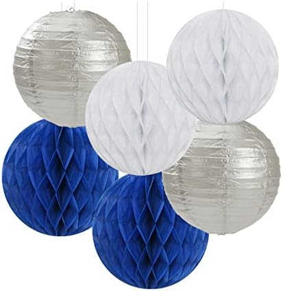 Navy-Blue White Silver Party Decorations - 14pcs Kits Paper Lanterns Fan,Tissue Flower Pom Poms Streamers,Honeycomb Balls,Graduation 2026 Men Birthday Wedding Baby Bridal Shower Decor Lasting Surprise