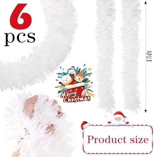 Shappy 90 ft 6 Rolls Christmas Tinsel Garland for Tree, White